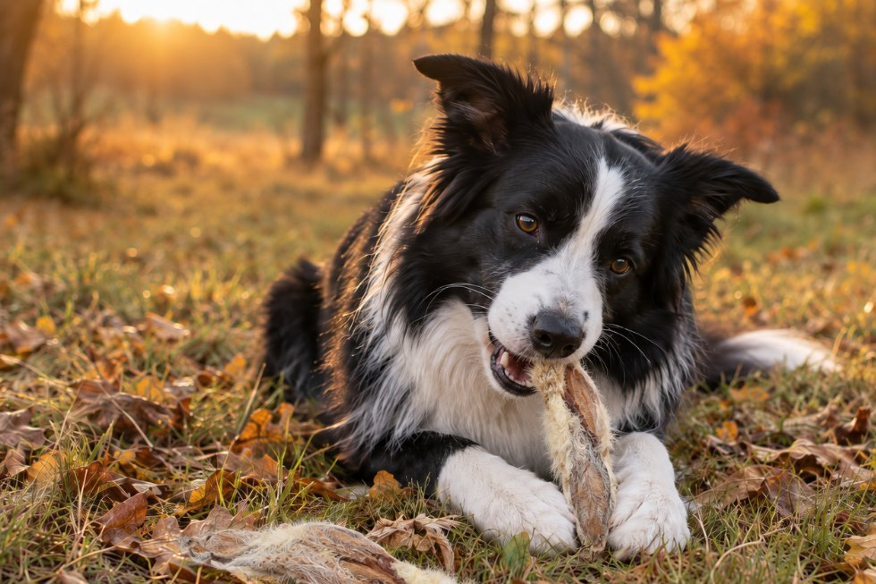 Pies rasy border collie gryzie suszone królicze ucho z futrem na jesiennej polanie