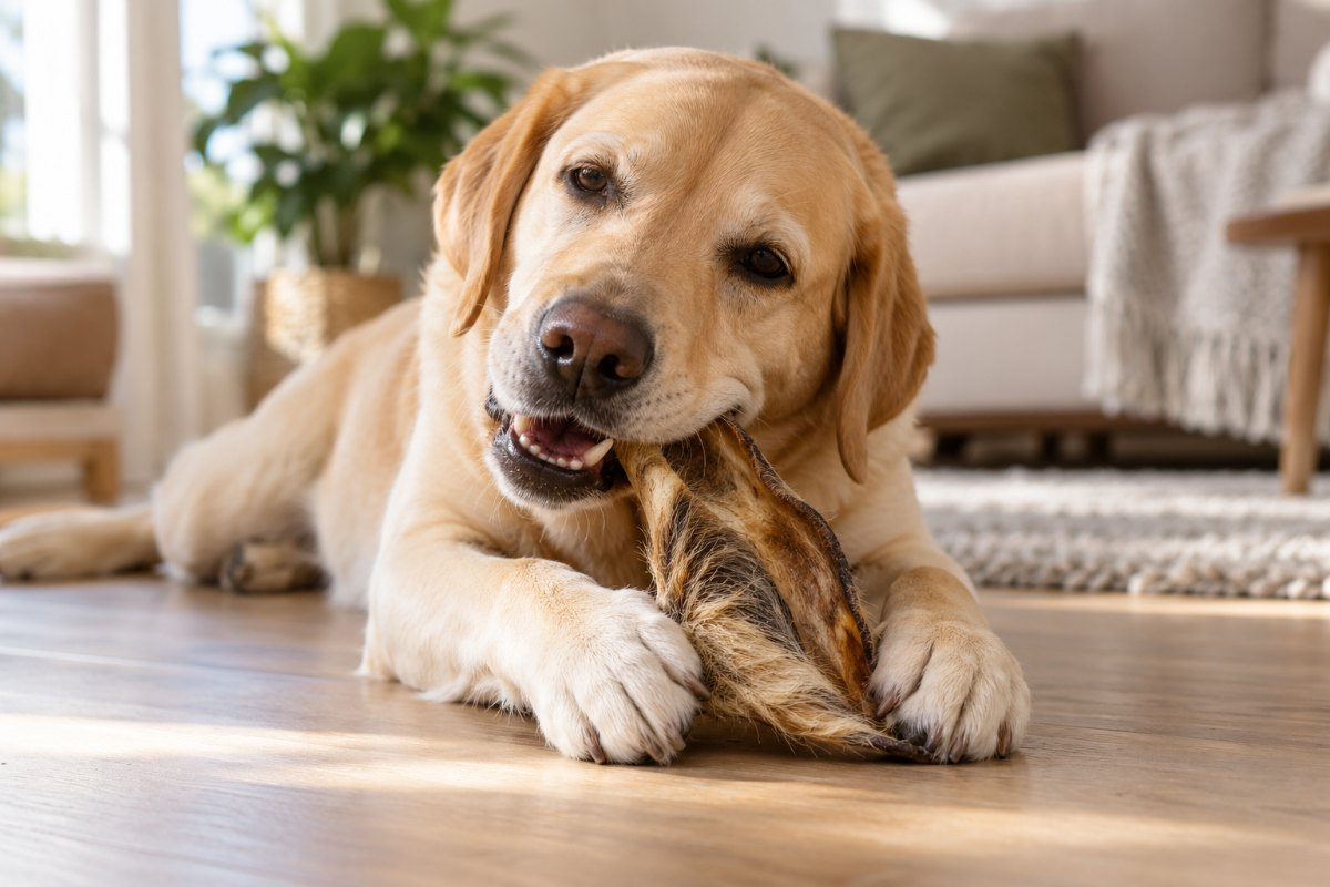 Pies rasy labrador gryzie naturalny gryzak leżąc na drewnianej podłodze