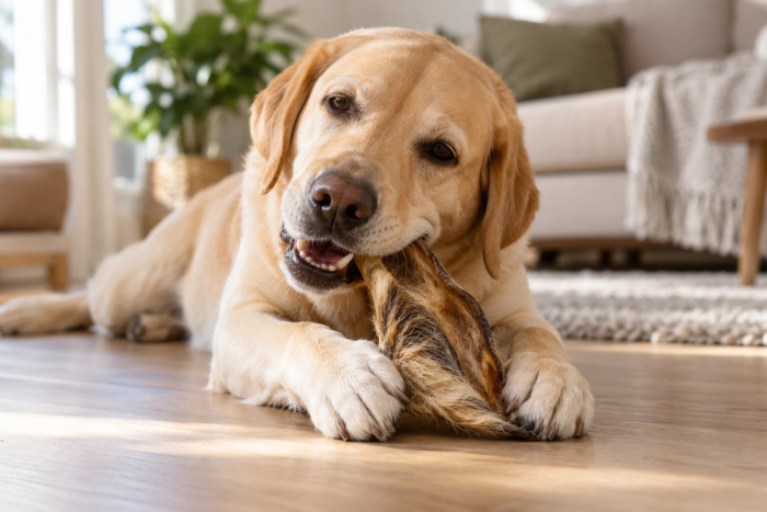 Pies rasy labrador gryzie naturalny gryzak leżąc na drewnianej podłodze