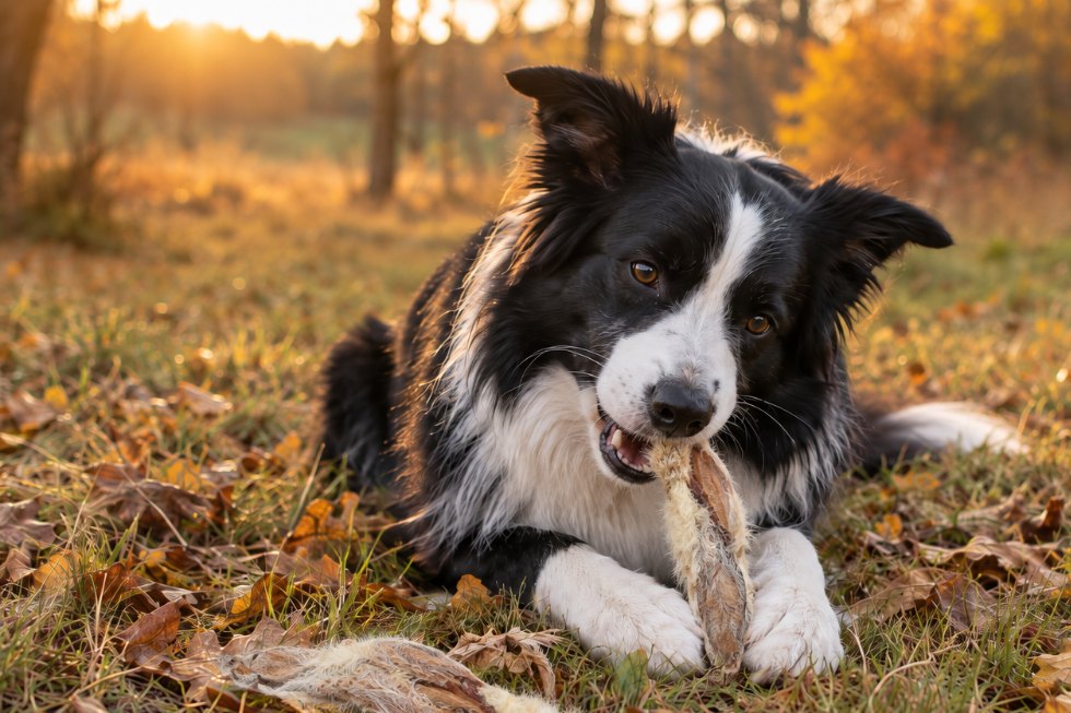 Pies rasy border collie gryzie suszone królicze ucho z futrem na jesiennej polanie