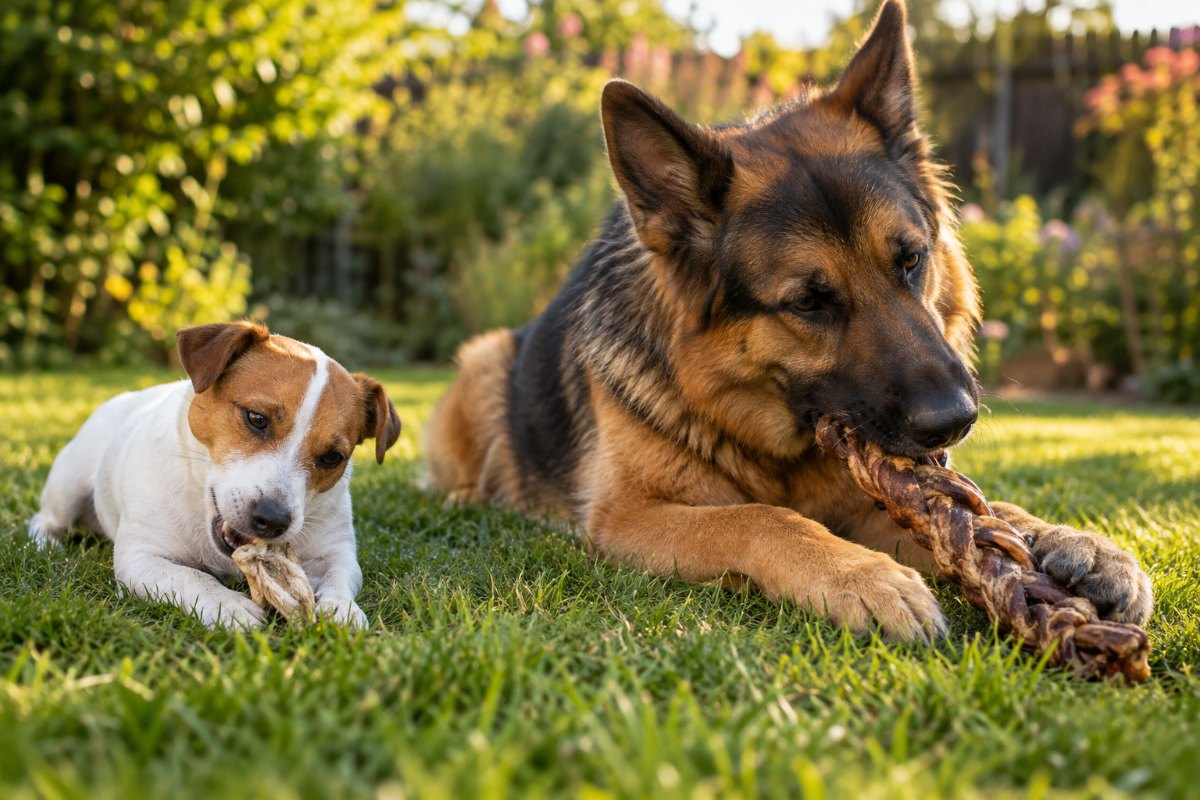 Mały jack russell terrier gryzie ucho królika, a duży owczarek niemiecki warkocz wołowy - gryzaki dopasowane do wielkości psa